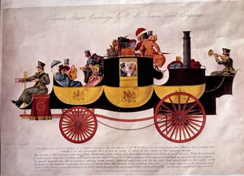 Offentlig transport: repræsentation af et dampskib lastet med passagerer og bagage. Den er designet af ingeniør W.H. James. Litografi af 1828. Dekorativ kunst, Paris