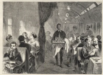 Pullman spisevogn fra Pacific Railways i 1869 - inde i et vognhotel på Pacific Railway -