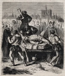 Straffen af François Ravaillac (1578-1610), morderen på kong Henrik IV (1553-1610), på Place de Grève i Paris i 1610 - Kobberstik fra 1879 i “Histoire des sociétés secrètes, politiques et religieuses” af Pierre Zaccone (1817-1895)