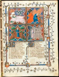 ""Fire mænd travlt med forskellige aktiviteter"" oplyst side fra manuskriptet ""Le Roman de la Rose"" af Guillaume de Lorris (omkring 1200-1238) og Jean de Meun (Meung) (1240-1305) omkring 1353 Schweiz, Genève bibliotek