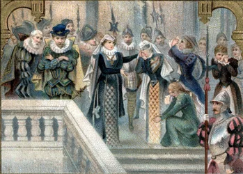 Dronning af Skotland Marie Stuart (1542-1587) sagde sit sidste farvel til hofdamerne. Sen kromolitografi af det 19. århundrede.