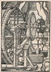 Pumpe-og-kæde-pumpe til at dræne en mine, der betjenes af mænd i løbebånd. Fra Agricola (George Bauer) De re metallica, Basel