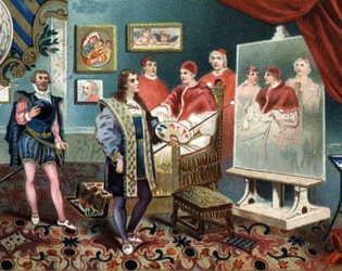 Raphael (Raffaello Sanzio) arbejder på portrættet af pave Leon X (leone 10) omgiver kardinalerne Jules de Medicis (Giulio) (pave Clemens VII