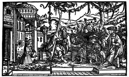 Raphaël Hythlodée, en rejsende, der tilbragte fem år i Utopia, fortæller Thomas More og Pierre Gilles om sin rejse. Xylografi udgivet i udgaven af "Utopia" af Thomas More (1478 - 1535) fra 1516.