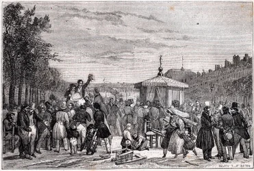 Reading of the rulings published in newspaper Moniteur in the gardens of Royal Palace in Paris july 26, 1830 during civil war - Revolution 1830 - Lecture des prescriptions dans Le Moniteur, au jardin du Palais-Royal, le 26 juillet 1830 a 7 heures du soir -