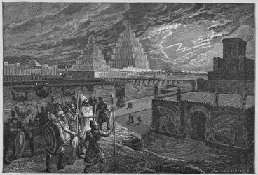 Genopbygning af templerne og paladserne langs Babylons flod - Mesopotamien: genopbygning af byen Babylon, bygget under kong Nebukadnezar II.