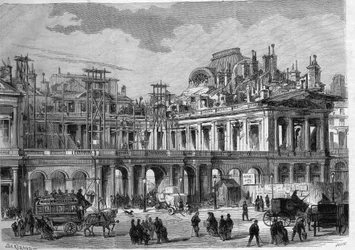Genopbygningsarbejder af det kongelige palads (Palais-Royal) i Paris. Gravering i "" L