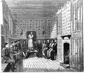 Religiøst møde mellem amerikanske shakers. 1800-tals gravering.