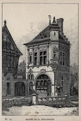 Renæssancehus - indgravering af 1889 i "History of human habitation at the Universal Exhibition of 1889, by Mr Charles GARNIER - Librairie centrale des beaux-arts Paris 1889
