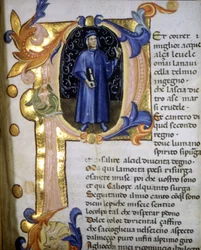 Repræsentation i et brev af digteren Dante Alighieri (1265 - 1321), miniature 1300-tallet.