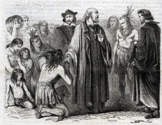 Repræsentation af Bartolome de las Casas (1484-1566) Dominikansk præst, missionær hos indianerne” (Portræt af Bartolome de las casas, dominikanermunk og beskytter af indianerne - gravering af 1860