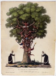 Repræsentation af Benevent-valnød, hekse og dæmoner fra legenden, der inspirerede balletten "Il noce di Benevento"" af den østrigske komponist Franz Xaver Sussmayr (1766-1803). Illustration af det 19. århundrede
