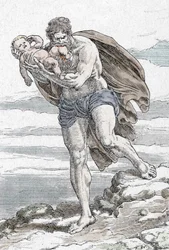 Repræsentation af Cronos (Kronos), der fortærer et af sine børn (Cronus devouring one of his children) Gravering fra "My beautiful mythological tales" af HS Bres, begyndelsen af det 20. århundrede, privat samling