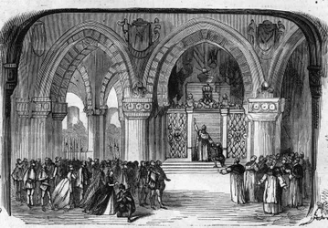 Repræsentation af Don Carlo (Don Carlos) Opera i 5 akter af Giuseppe Verdi i Paris Opera den 11. marts 1867. Scene i 5. akt: Klosteret St. Juste, åbenbaring af Charles V. Gravering fra 1867.