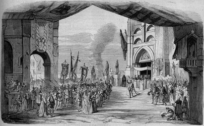 Repræsentation af Don Carlo (Don Carlos) Opera i 5 akter af Giuseppe Verdi i Paris Opera den 11. marts 1867. Car da fe, 3. akt, dekor af Cambon og Thierry. Stik fra 1867.