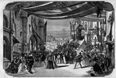 Repræsentation af Don Carlo (Don Carlos) Opera i 5 akter af Giuseppe Verdi i Paris Opera den 11. marts 1867. I Neuvilles tegning tredje akt, fjerde maleri, scene IX.