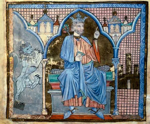 Repræsentation af kong Ferdinand III af Castilla eller Sankt Ferdinand (1199-1252) Miniature taget fra manuskriptet "Indeks over kongelige privilegier"" fol. 66 v. 13. århundrede Santiago de Compostela (Santiago de Compostela) (Santiago de Compostela), ark