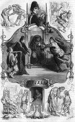 Repræsentation af Master Patelin, berømt for "Farce of Master Patelin", som fortæller en advokats og hans hyrdeklients uheld. Indgravering af det 19. århundrede.