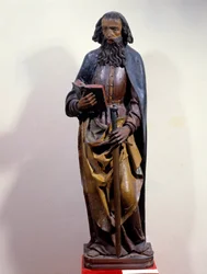 Repræsentation af Saint Paul holder en bog i hånden. Polykrom træskulptur. 15. århundrede. Chartres, Museum of Fine Arts