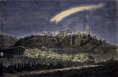 Repræsentation af en komet over byen Athen i 1878.