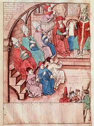 Repræsentation af Konciliet i Konstanz mellem 1414 og 1418, øverst Pave Martin V (Udsigt over Konciliet i Konstanz, ca. 1417) Miniature taget fra "Krønikker fra Konciliet i Konstanz" af Ulrich Richental (1360-1437) 1438 omkring Prag, Nati