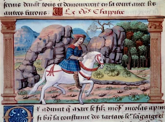 Repræsentation af den venetianske navigatør Marco Polo (1254-1324) til hest" Miniature taget fra "" The Book of Wonders"" ("" Devisement of the World"", "" Il Milione") af Marco Polo (1254-1324) ). 1298. Paris, Arsenals bibliotek