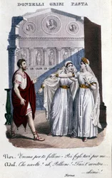 Repræsentation af fortolkerne af den første repræsentation af "" La Norma "" af Vincenzo Bellini (1801 - 1835): fra venstre mod højre Domenico Donzelli (Pollione), Giuditta Grisi (Adalgisa) og Giuditta Pasta (Norma). 1833.
