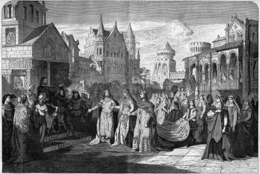 Repræsentation af den romantiske opera "" Lohengrin"" af Richard Wagner (1813-1883), akt II sidste scene, på Det Kongelige Teater i München, Tyskland. Indgravering i "The Illustrous Universe"