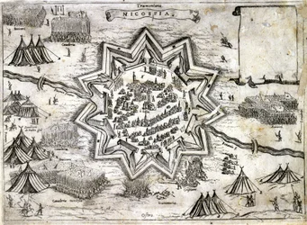 Repræsentation af belejringen af Nicosia på øen Cypern i 1191 under det 3. korstog af Richard Lion Heart. 16. århundrede.