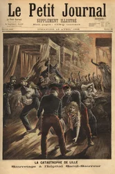 Redning på Saint Saviour Hospital i Lille eller en brand hærgede de tre ældste monumenter i byen, kirken, det gamle tårn og hospitalet. Indgravering i "" Le petit journal"" 12/04/1896. Selvas samling.