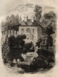 Bolig for Rousseau på øen Saint-Pierre (St. Petersinsel) Bern - Schweiz - Illustration til "" Confessions" af Jean-Jacques (Jean Jacques) Rousseau (1712-1778) - gravering af 1849