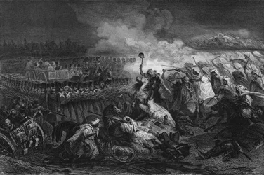 Arabernes pensionering foran pladsen dannet af den franske hær ved Konstantin i 1837, i "Algerie ancienne et moderne"" af Leon Galibert