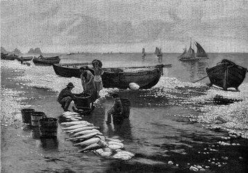 Fiskernes tilbagevenden under strejken ved Belle Isle (Belle-Isle) i Bretagne. Gravering i "" Le Journal de la jeunesse""