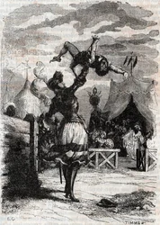 Revenge of Marphise (Marfisa) - indgravering af 1851 fra "" Furious Roland"" (Orlando furioso) (1500-tallet) af Ludovico Ariosto, kendt som Ariosto - Udgave oversat fra italiensk af greven af Tressan og udgivet af Gustave Harvard 1851