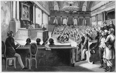 Revolution i Wien 1848 - Mødet i den første østrigske grundlovgivende forsamling (Reichs Versammlung), juli 1848, på den spanske rideskole i Wien, Østrig.