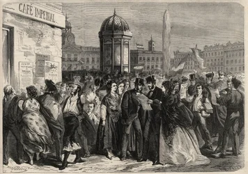 Revolution i september 1868 i Spanien (Gloriosa): læsning af juntaens manifest på gaden Alcala i Madrid. Gravering i "" L