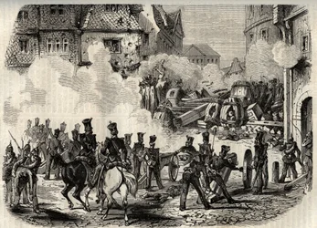 Revolutioner 1848 - 1849, Tyskland, Frankfurt - Tropper stormer en barrikade i Frankfurt, Tyskland, den 18. september
