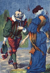 Riquet præsenterer sig selv for prinsessen igen. Illustration til "Riquet a la houppe", fortælling af Charles Perrault (1628-1703), fransk forfatter. Anonym illustration. Billedmateriale Marcel Vagne, Jarville Nancy, udateret (slutningen af det 19. århundr