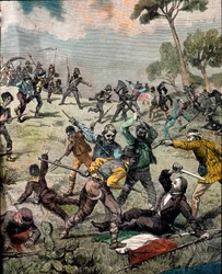 Risorgimento: "" den italienske revolutionær Carlo Pisacane (1818-1857) bliver stormet af bønder i Sapri den 28/06/1857"" Gravering Privat Samling