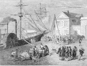 Robert Fulton (1765 - 1815), amerikansk bygmester gik om bord på Clermont, en båd, han byggede i 1807 for at give forbindelsen New York - Albany på Hudson-floden. Indgravering af det 19. århundrede.