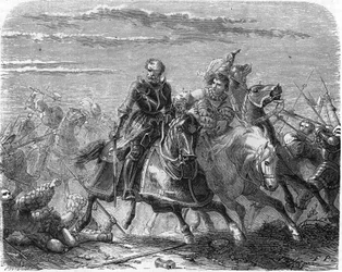 Robert af Mark of Landsknechts, tager sin søns lig fra schweizerne. Indgravering af det 19. århundrede.