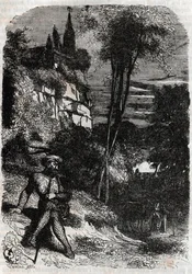 Rodomont, Isabella og den gamle eremit - 1851 gravering fra "" Furious Roland"" (Orlando furioso) (1500-tallet) af Ludovico Ariosto, kendt som Ariosto - Udgave oversat fra italiensk af greven af Tressan og udgivet af Gustave Harvard 1851