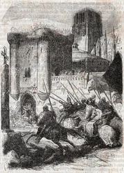 Rodomont bryder dørene til Palais i Paris - indgravering af 1851 fra "" Roland furieux"" (Orlando furioso) (1500-tallet) af Ludovico Ariosto, kendt som Arioste - Udgave oversat fra italiensk af greven af Tressan og udgivet af Gustave Harv