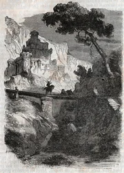 Rodomont besejret af Bradamante - indgravering af 1851 fra "" Furious Roland"" (Orlando furioso) (1500-tallet) af Ludovico Ariosto, kendt som Ariosto - Udgave oversat fra italiensk af greven af Tressan og udgivet af Gustave Harvard 1851