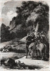 Roger (Ruggero, Ruggiero), Marphise (Marfisa) og de tre kvinder - gravering fra 1851 fra "" Roland furieux"" (1500-tallet) af Ludovico Ariosto, kaldet Ariosto - Udgave oversat fra italiensk af greven af ​​Tressan og udgivet af