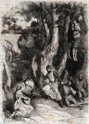 Roland and and the Seven Brigands of the Cave - indgravering af 1851 fra "" Furious Roland"" (Orlando furioso) (1500-tallet) af Ludovico Ariosto, kendt som Ariosta - Udgave oversat fra italiensk af greven af Tressan og udgivet af Gustave Harvard