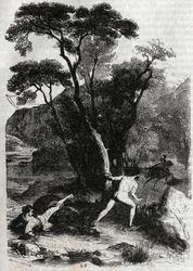 Roland forfølger Angelique (Angelica) - gravering af 1851 fra "" Furious Roland"" (1500-tallet) af Ludovico Ariosto, kendt som Ariosto - Udgave oversat fra italiensk af greven af ​​Tressan og udgivet af Gustave Harvard