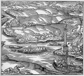 Romersk Gallien: et monument bygget af de parisiske søfolk under regne af Tibere, ved sammenløbet af Seinen og Marne. Gravering i "La Marine et les kolonier: handel"