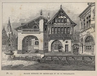 Romersk hus fra middelalderen og renæssancen - indgravering af 1889 i "History of human habitation at the Universal Exhibition of 1889, by Mr Charles GARNIER - Librairie centrale des beaux-arts Paris 1889