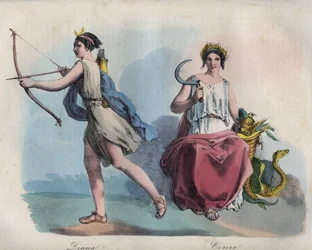 Romersk mytologi - Diana, jagtens gudinde, og Ceres, landbrugets gudinde - stik fra »Usi e Costumi di Tutti i Popoli dell